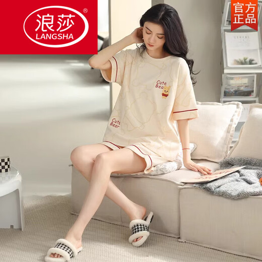 浪莎（LangSha）2025睡衣女夏季纯棉短袖短裤薄款夏天可爱甜美可外穿家居服套装 YX-7512 9855 M 【建议80-100斤穿】