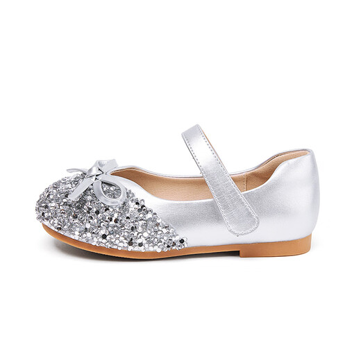 Snuffy girls' leather shoes spring and autumn children's crystal shoes bright diamond princess shoes little girl's comfortable soft sole shoes moonlight silver 27