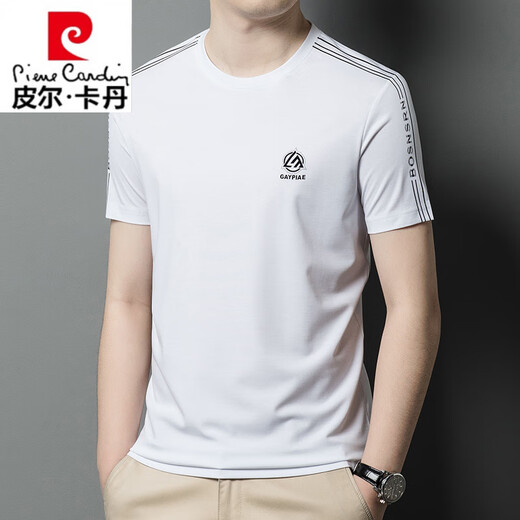 Pierre cardin heavy mulberry silk T-shirt short-sleeved round neck summer half-sleeved versatile casual silk markless top T-shirt base shirt men white-13596KSP L 170 Recommended 120-135Jin [Jin equals 0.5 kg]