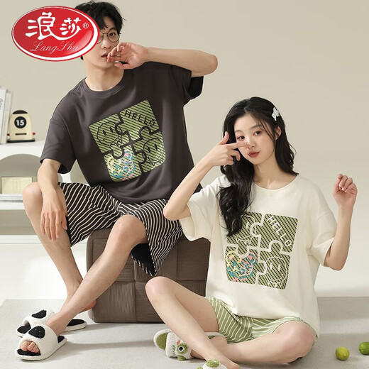 LangSha couple pajamas pure cotton shorts shorts for summer men and women sweet and cute cartoon large size can be worn outside home clothing suit Flagship store-687 XL single woman