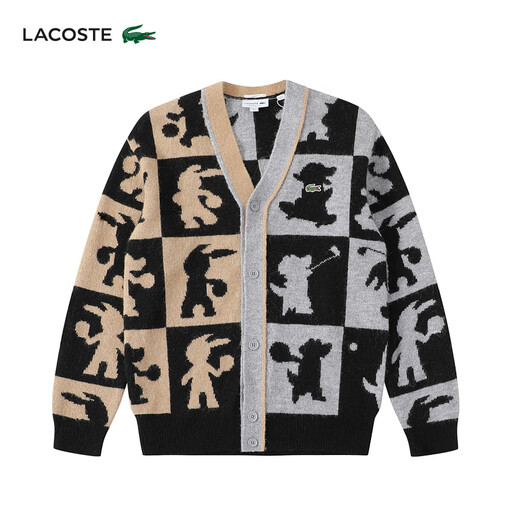 Lacoste French Crocodile Пара узора при печати модный цвет модный блок V-образный вырезок вязаный кардиган AH7374 UI7/Black/Grey/Khaki S