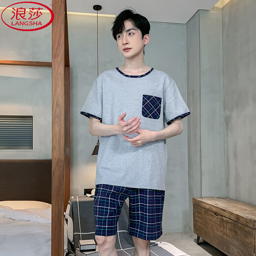 LangSha pajamas men's summer cotton short-sleeved youth middle-aged thin large-size men's summer casual spring and autumn home clothing set 9934 [H series men's short-sleeved shorts suit] 3XL [Recommended 160-180Jin [Jin equals 0.5 kg]]