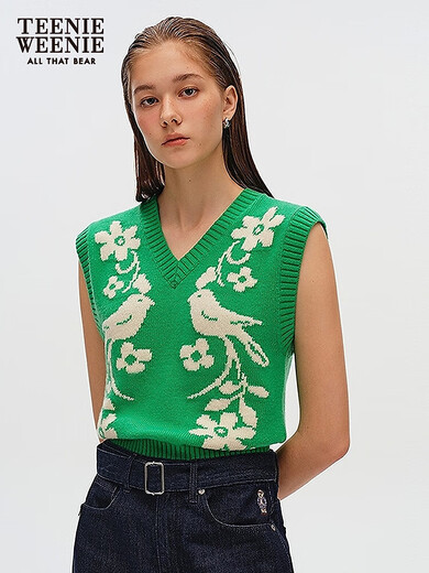 Teenie Weenie小熊女装毛衣2025春季新款复古嵌花休闲V领针织背心 绿色 S  160