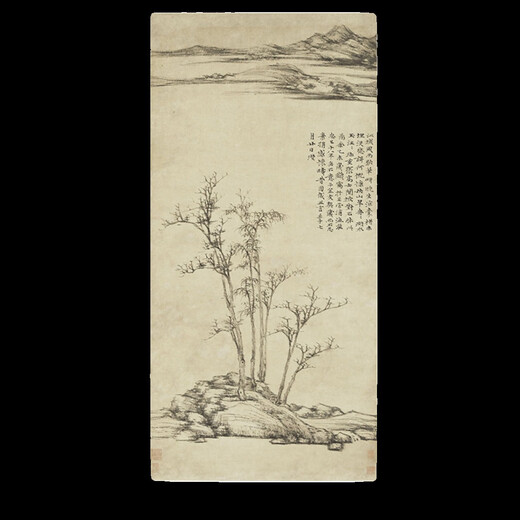 Die alte Landschaftsmalerei Schriftrolle der Herbstflucht des Yuan Nizan Fischerdorfes, der chinesischen Gemälde von Literaten, Kalligraphie und Gemälden, antik