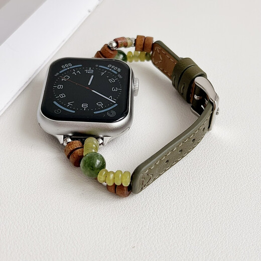 之宋真皮拼接天然石手链iwatch10表带适用S9苹果applewatch78se手表带 橄榄绿修身串珠皮表带 适用iwatcS1049mm