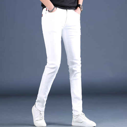 Ke Jiehao 2025 spring new high-end white men's jeans slim fit elastic casual pants men's trend MK1381 white 29