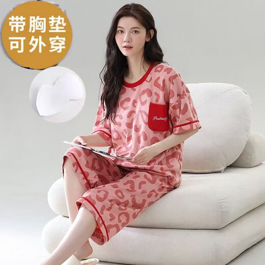 莫代尔带胸垫一体系睡衣女士夏季短袖七分裤纯棉免穿文胸家居服外出套装 带胸垫679巴比熊短袖七分裤 2XL 120-135斤左右