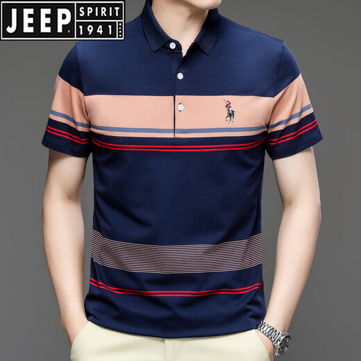 
JEEP SPIRIT2025 summer new pure cotton embroidered short-sleeved men's t-shirt striped casual lapel large size POLO shirt men 3523 dark green M 170/48