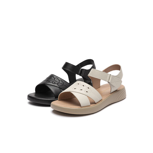 红蜻蜓妈妈凉鞋2025夏季老年牛皮舒适防滑软底女凉鞋WJK25885 黑色 36