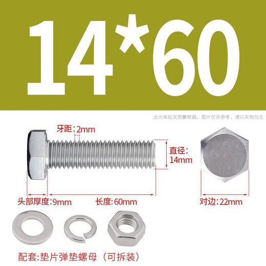 Parrot 304 stainless steel external hexagonal screw bolt set with nut full thread long screw M3M4M5M6M8M10M12 M14 thread diameter 14mm 2 sets length 190mm