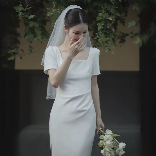 康美诗白色轻婚纱新娘法式方领短袖修身长款小白裙订婚结婚小礼服连衣裙 吊带版乳白色 XS