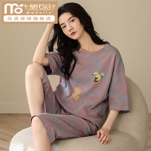莫代尔睡衣女款夏季棉质短袖七分裤棉质圆点可外穿女士家居服 9854 【纯棉】 M 建议80-100斤穿