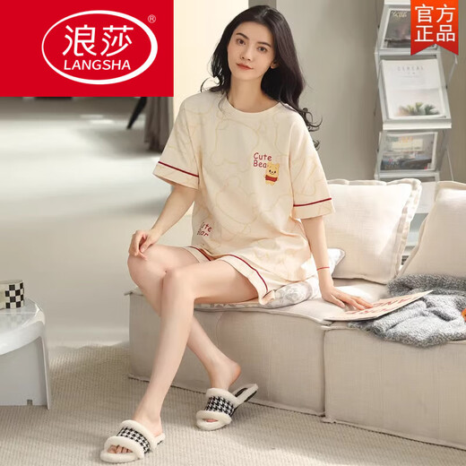 浪莎（LangSha）2025睡衣女夏季纯棉短袖短裤薄款夏天可爱甜美可外穿家居服套装 YX-7512 9855 M 【建议80-100斤穿】