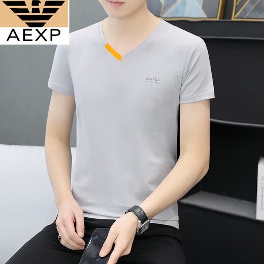 AEXP 7高端品牌夏季新款男士纯棉V领半袖T恤潮流休闲小字母印花鸡心领短 691白色 M 90-100斤