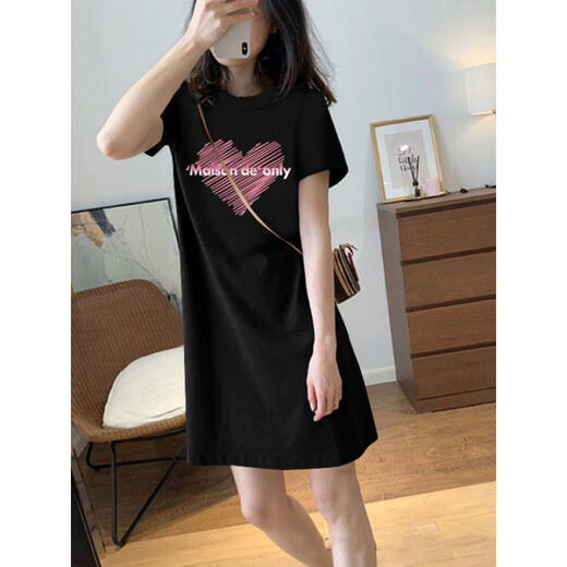 
CEENIU2025 summer new pure cotton short-sleeved T-shirt women's skirt loose casual H-style temperament small dress 6173 dark gray [dress] (orange print) S 80-100Jin [Jin equals 0.5 kg]