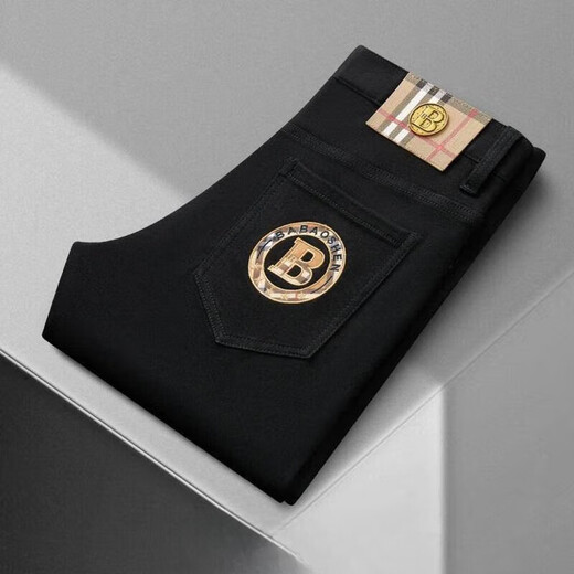 KECK Hong Kong trendy brand American business jeans men's cotton straight pants embroidered high-end fashion casual pants B983 black summer thin section 31 suitable for 120-130Jin Jin equals 0.5 kg