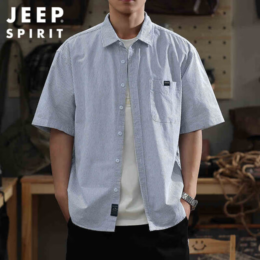 JEEP SPIRIT Jeep striped short-sleeved shirt men's summer American retro loose casual cotton shirt gray 2XL