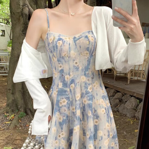 FOX.G碎花吊带连衣裙女裙子2025夏季纯欲气质海边度假新品长裙子两件套 蓝色油画碎花连衣裙两件套 M 【建议105斤以内】
