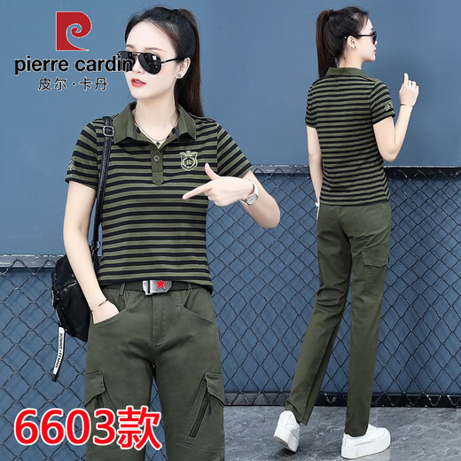 皮尔卡丹夏季迷彩服韩版休闲套装女短袖时尚大码显瘦薄款宽松运动广场舞服 条纹套装6601短袖+9230直筒裤 S 建议80-90斤