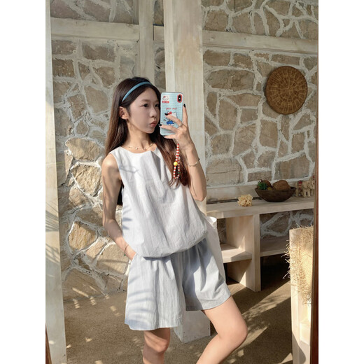 京濮飞多巴胺少女感两件套无袖背心阔腿短裤显瘦纯色T恤 9719杏绿色上衣 M