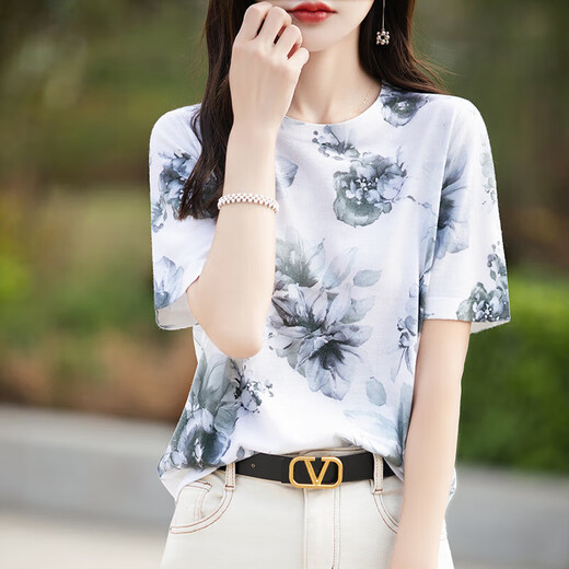 Camiseta de manga corta de seda de seda de Mulberry para mujeres 2025 Summer Nuevo diseño informal y de moda Caballo de seda de seda tendencia impresa tendencia tinta de estilo chino 844 xl