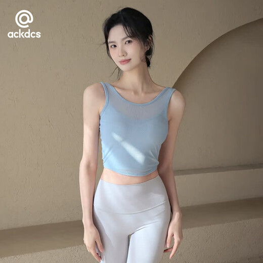 ACKDCS Yoga vest with bra pad for women, two-piece summer new Pilates fitness set, three-piece blue bra + blue blouse + gray pants S