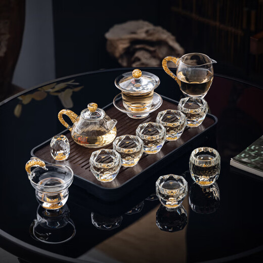 Fat Donglai's same German quality crystal glass tea set filled with gold foil light luxury covered bowl complete set of Kung Fu tea set Large capacity gold foil tea bowl + fair cup + round tea E