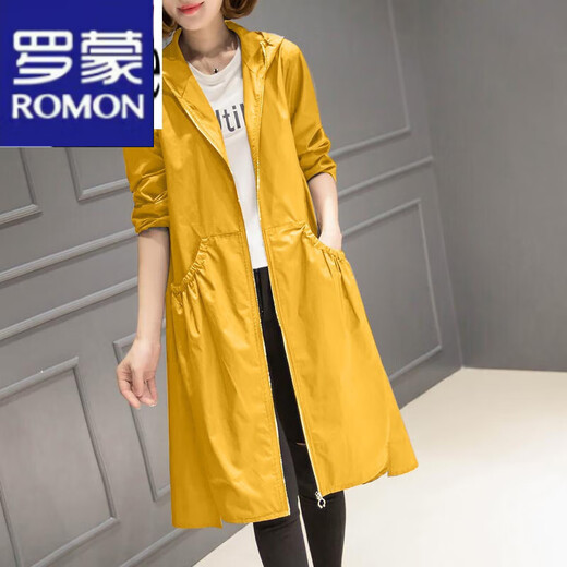 ROMON (ROMON) light luxury women's hooded windbreaker for women 2024 spring and autumn new Korean casual women's mid-length over-knee jacket for women with lilac caramel color XL Recommended 120-135 Jin [Jin equals 0.5 kg]