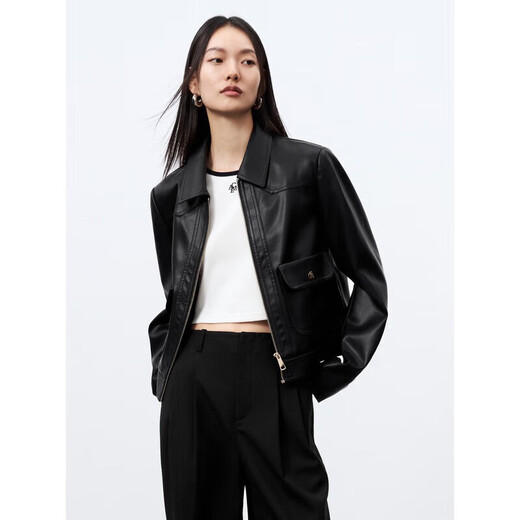 PEACEBIRD Women's Short Jacket PU Leather Jacket Women's Autumn Fashion High-end Lapel Wilderness Maillard Black 2 M