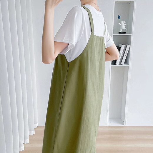 Tategao Mutterschaftskleid Sommerkleid 2024 Neues modisches loses mittelgroßer Riemenrock gefälschter zweiteiliger Mutterschaftskleid Dunkelgrüner XL (Empfohlen 115-130)