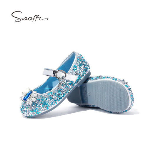 Snuffy girls' leather shoes spring Elsa princess shoes children's crystal shoes medium and large children's performance shoes soft-soled shoes ice and snow blue 26