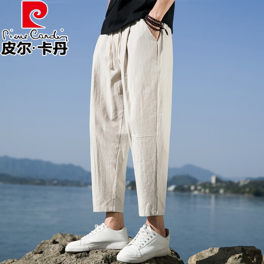 Pierre Cardin linen nine-point pants men's autumn thick cotton and linen pants men's casual pants straight loose sports pants nine-point pants trendy Khaki 3XL 151-169Jin Jin is equal to 0.5 kg