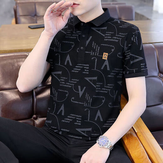 丨Lilang丨[Brand code breaks and picks up bargains] Short-sleeved T-shirt men's trendy brand-leading base shirt Korean style slim lapel half-sleeved top Black 3XL Recommended 150-165 Jin [Jin equals 0.5 kg]