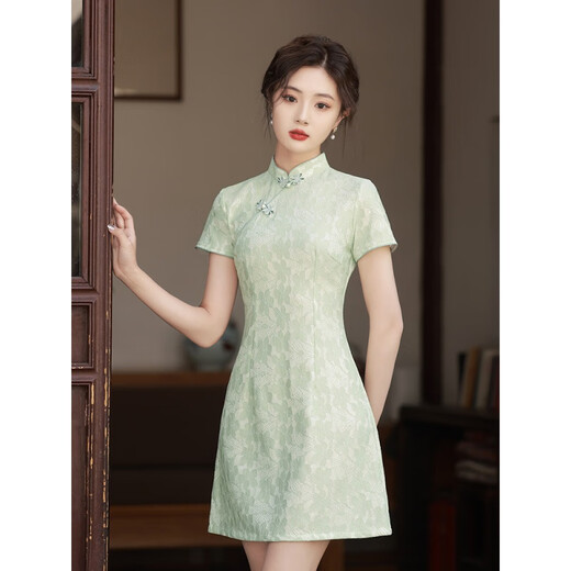 皮尔卡丹【1944人收藏】绿色旗袍新款2025新式改良年轻款少女夏季小个子短 浅绿1276 S