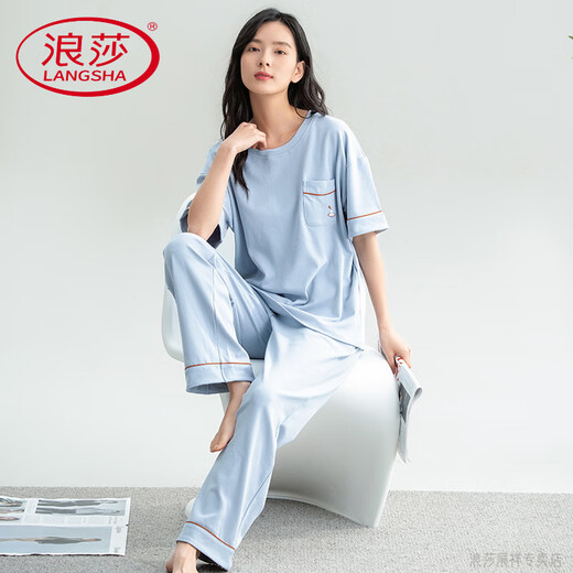 Langsha Light Luxury High-End-Sommer-Baumwoll-Pyjamas für Frauen kurzärmelige Hosen rot große Frauenstil für halbärmelige Hauskleidung Spring Lake Blue 7374 2xl empfohlen 130-150jin [Jin gleich 0,5 kg]