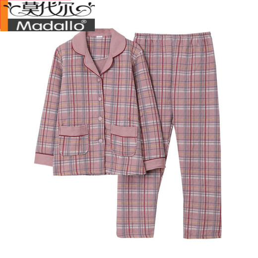 莫代尔春秋冬季中老年中年长袖夹层纯棉睡衣女夹棉加厚款妈妈家居服套装 玫红色 LH3883 3XL 【160-180斤】