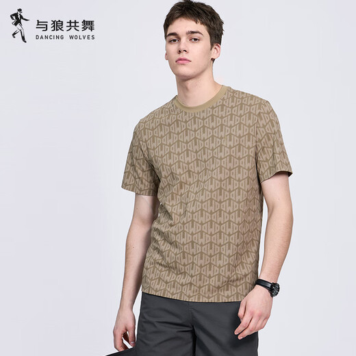 与狼共舞【满身印花】含桑蚕丝短袖T恤2025夏季新款圆领抗菌凉感上衣6035 卡其701 L (175)