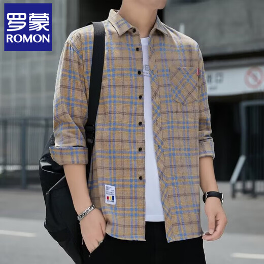 Romon Plaid Casual Shirt Herren Frühlings- und Herbst-Langarm-Hemd Korean Top Retro Loose Summer Dünnjacke K12111 Yellow Blue M 90-110jin [Jin entspricht 0,5 kg]