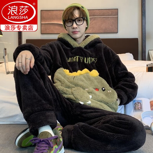 Langsha (langsha) men's pajamas men's coral velvet winter student cartoon loose winter flannel thickened plush home clothing set *ZS*9901 [Double-sided plush set] M small (75-95Jin [Jin equals 0.5 kg])