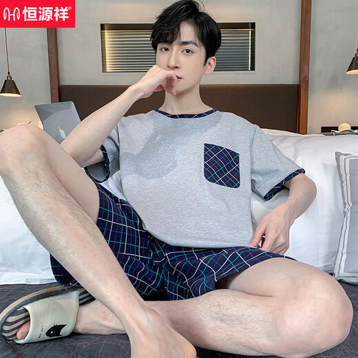 Pajamas para hombres de Hengyuanxiang, pantalones cortos de manga cortos de verano suelto y mayor tamaño de algodón puro versión coreana de la juventud de ropa para el hogar a media manga de la mano.