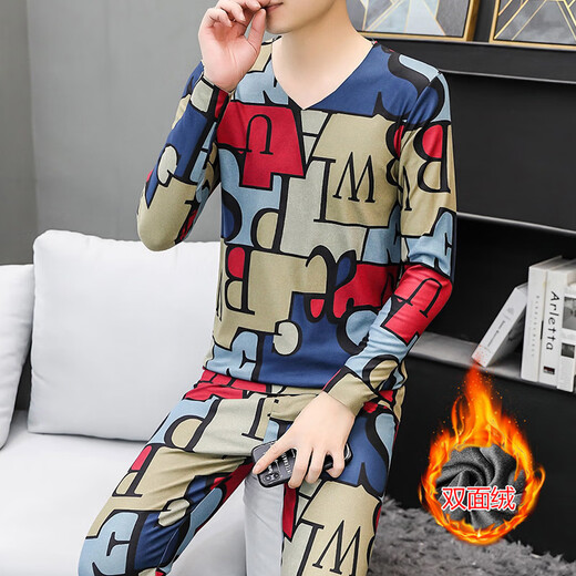 FHHUABD Deutsch Velvet Thermal Unterwäsche für Männer dünn plus samtiges Slim-Kragen ohne Marken Herbstkleidung und Herbsthosen Jugendbasis-Hemd-Druck Trend 6626 V-Ausschnitt Anzug 4xl 180-200jin [Jin gleich 0,5 kg]