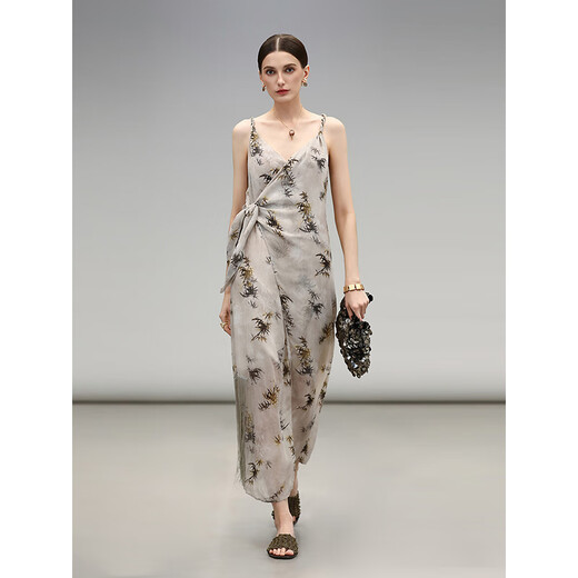 
COCOBELLA new Chinese style glitter chiffon bamboo printed strap dress Chinese style suspender skirt FR7027 silhouette gray L