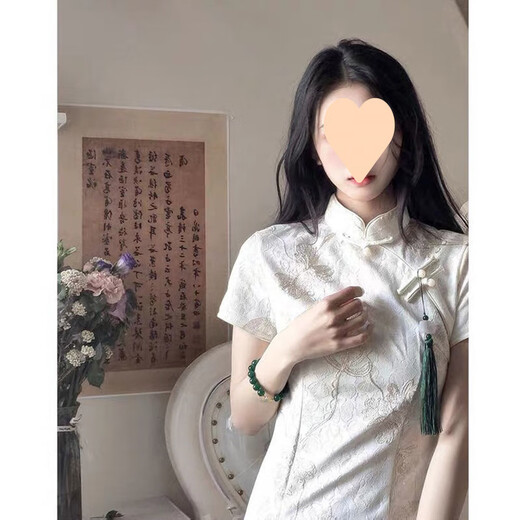 COLORFUL GEMS夏日旗袍白色连衣裙少女气质国风 846米白色 绿色吊坠 M