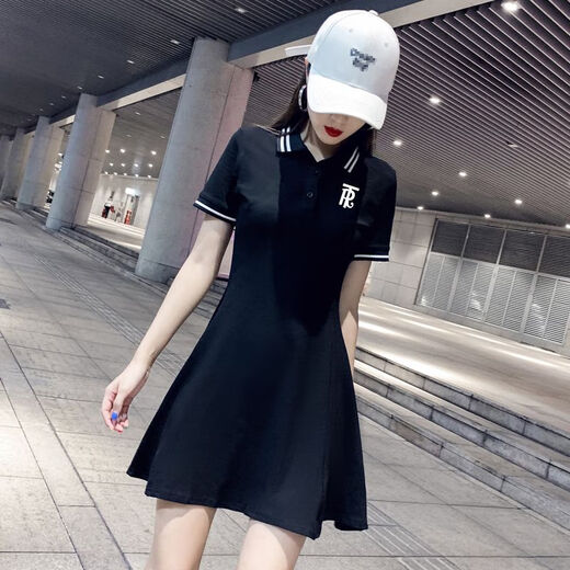 BNEB香港潮牌 polo领连衣裙夏季新款收腰显瘦休闲气质修身百搭a字短裙 黑色 XL 建议(115-125斤)