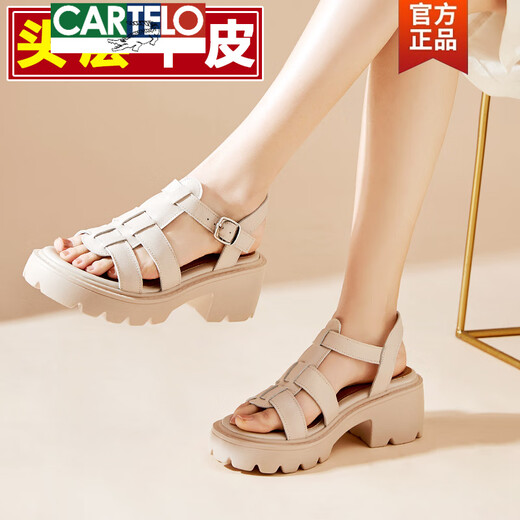 CARTELO thick-soled genuine leather sandals for women, cowhide thick heel soft-soled sponge shoes, Roman knitted women's shoes 2025 new summer 9905 meters white [simple one-line upper] 37
