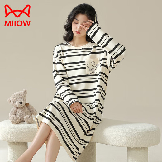 猫人（MiiOW）睡裙女长袖棉质设计感春秋季睡衣可外穿条纹家居服2025年春秋新款 W9767长袖睡裙 XL 110-125斤