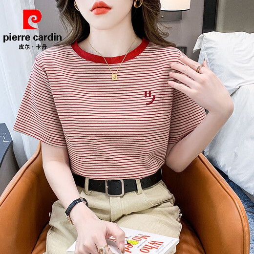 
Pierre cardin striped short-sleeved T-shirt for women loose Korean women's clothing 2025 summer new versatile T-shirt round neck half-sleeved top Red 9928 S Recommended 80-95Jin [Jin equals 0.5 kg]
