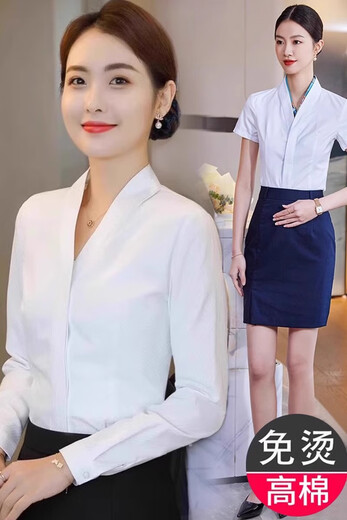 Shiyingwei short-sleeved shirt for women flight attendant interview v-neck shirt white short-sleeved shirt for women v-neck top underwear air stewardess KL9922 long-sleeved white shirt S single size