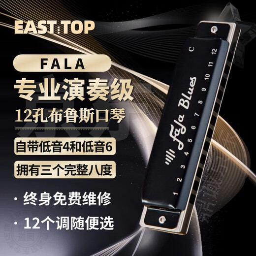 东方鼎12孔布鲁斯口琴全音阶低音46带FaLa初学者成人专业演奏琴无需压音 C调【树脂琴格】灰色
