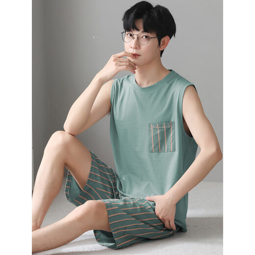 LangSha pajamas men's summer cotton silk vest sleeveless shorts loose plus large size casual style thin home clothing set NJR-LX12027 blue striped pants round neck pullover 2XL [Please contact customer service size]